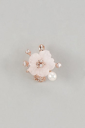 Rose Gold Finish Cubic Zirconia & Rose Quartz Floral Pendant In Sterling Silver