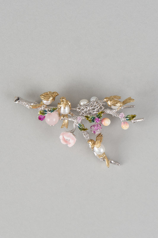 White Finish Cubic Zirconia & Freshwater Pearl Enameled Brooch In Sterling SIlver