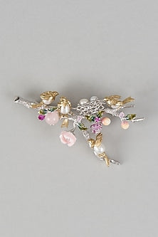 White Finish Cubic Zirconia & Freshwater Pearl Enameled Brooch In Sterling SIlver