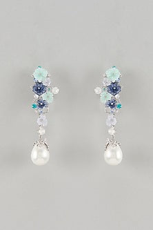 White Finish Cubic Zirconia & Blue Stone Floral Dangler Earrings In Sterling Silver