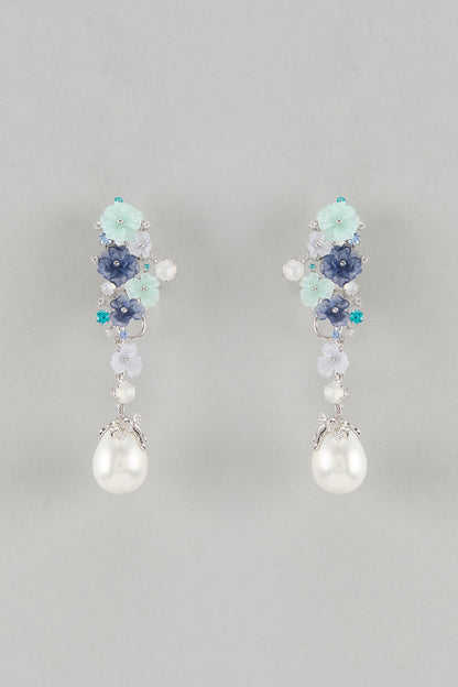 White Finish Cubic Zirconia & Blue Stone Floral Dangler Earrings In Sterling Silver