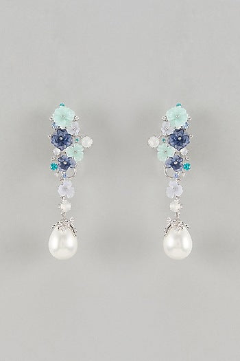 White Finish Cubic Zirconia & Blue Stone Floral Dangler Earrings In Sterling Silver