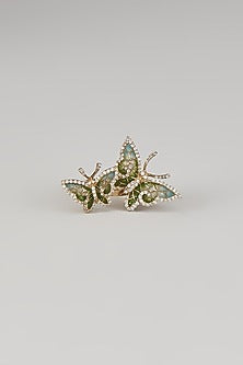 Gold Finish Cubic Zirconia Green Enameled Butterfly Ring In Sterling Silver