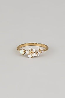Gold Finish Cubic Zirconia & Opal Stone Enameled Ring In Sterling Silver