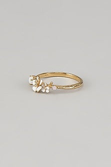 Gold Finish Cubic Zirconia & Opal Stone Enameled Ring In Sterling Silver