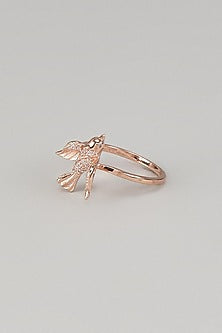 Rose Gold Finish Cubic Zirconia Enameled Bird Ring In Sterling Silver