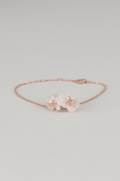 Rose Gold Finish Cubic Zirconia & Rose Quartz Floral Bracelet In Sterling Silver