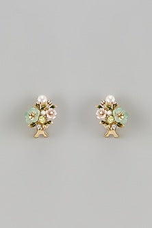 Gold Finish Cubic Zirconia & Natural Aventurine Stone Enameled Stud Earrings In Sterling Silver