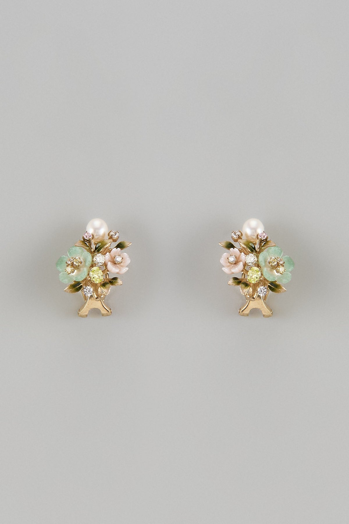 Gold Finish Cubic Zirconia & Natural Aventurine Stone Enameled Stud Earrings In Sterling Silver