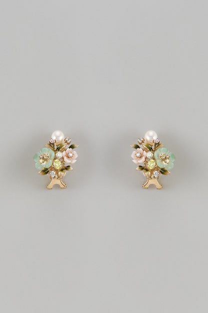 Gold Finish Cubic Zirconia & Natural Aventurine Stone Enameled Stud Earrings In Sterling Silver