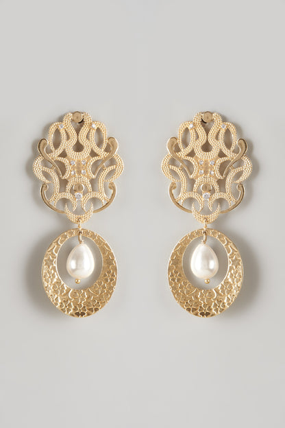 Gold Plated Pearl Motif Dangler Earrings