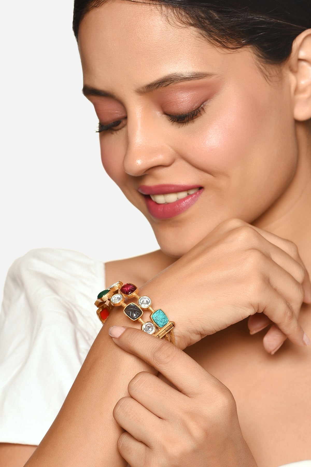 Gold Finish Multi-Colored Navratna Stone Double Layered Bangle