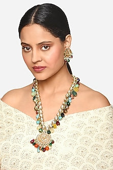 Gold Finish Kundan Polki & Multi-Colored Stone Long Pendant Necklace Set