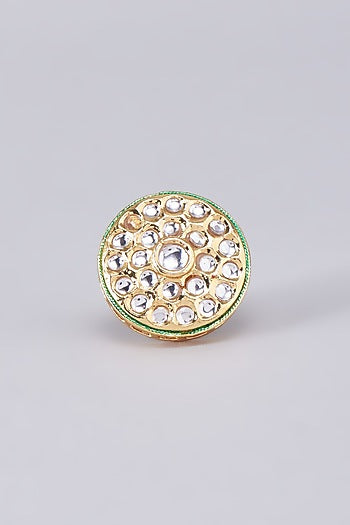 Gold Finish Kundan Polki Meenakari Ring