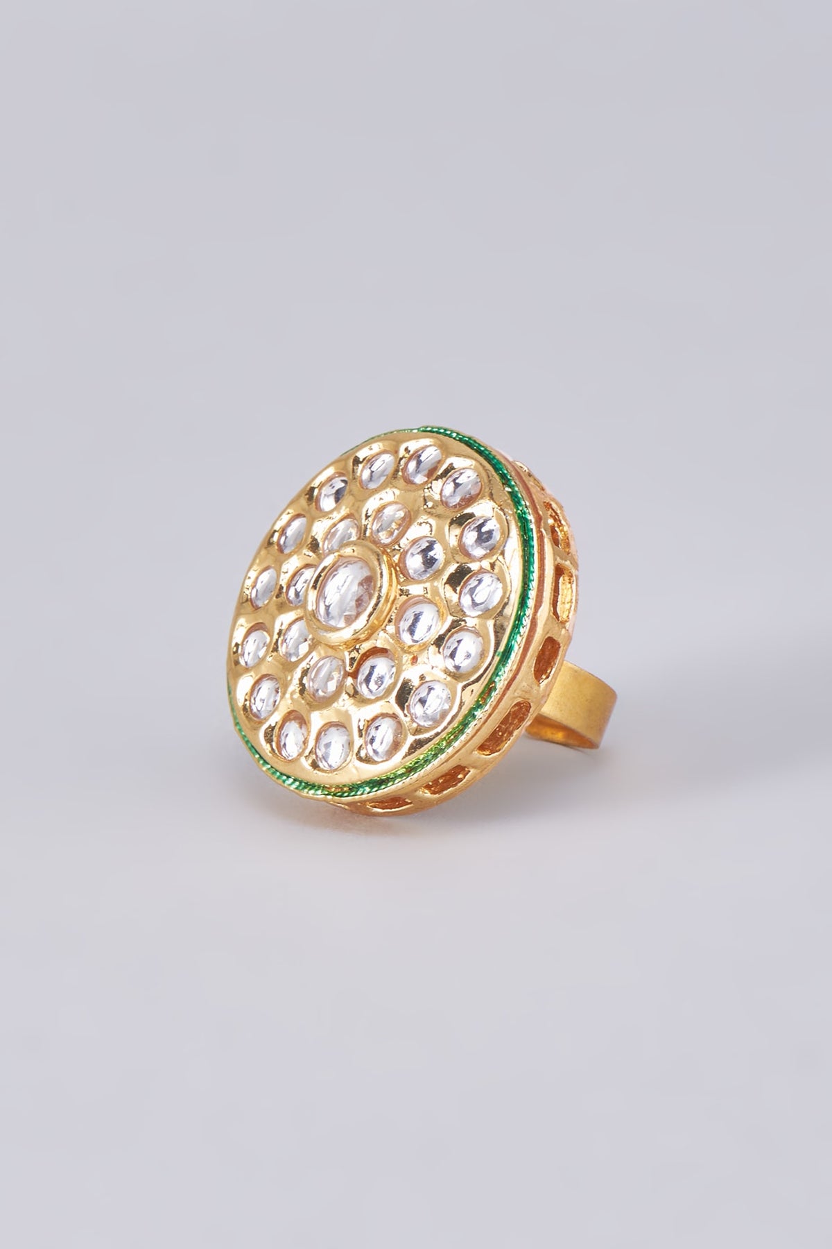 Gold Finish Kundan Polki Meenakari Ring