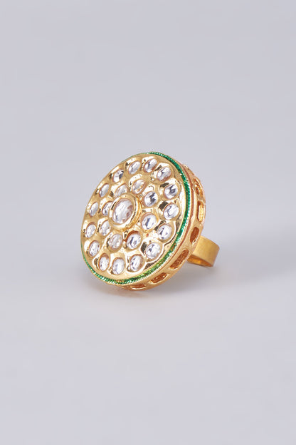 Gold Finish Kundan Polki Meenakari Ring