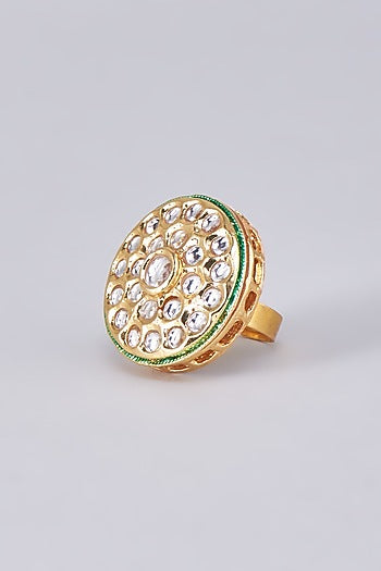 Gold Finish Kundan Polki Meenakari Ring