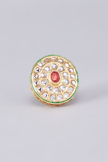 Gold Finish Kundan Polki Meenakari Ring