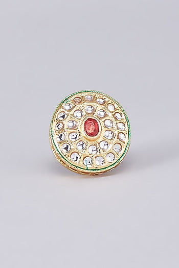 Gold Finish Kundan Polki Meenakari Ring