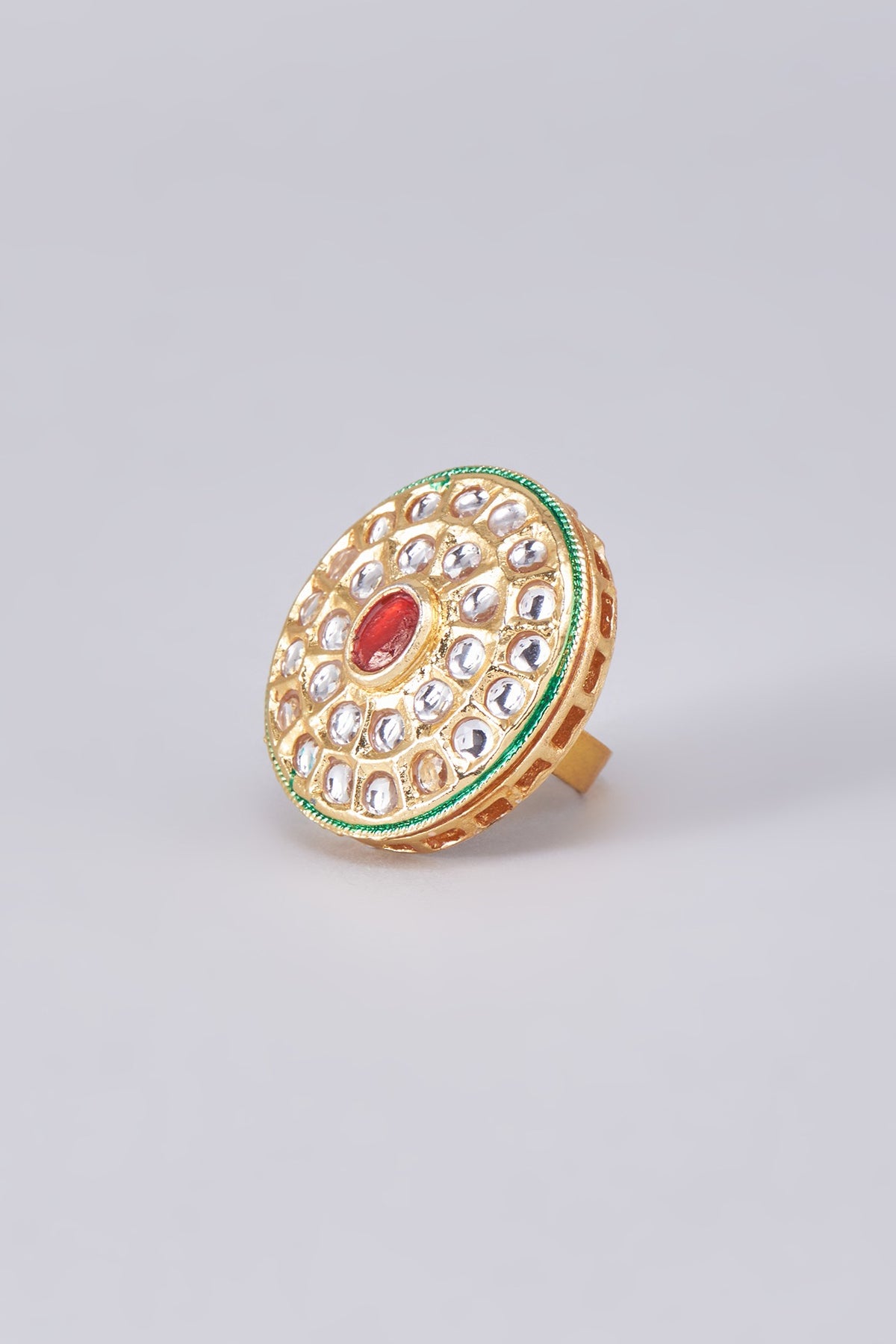 Gold Finish Kundan Polki Meenakari Ring