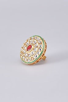 Gold Finish Kundan Polki Meenakari Ring