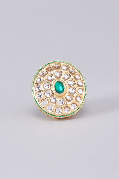 Gold Finish Kundan Polki Meenakari Ring