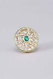 Gold Finish Kundan Polki Meenakari Ring