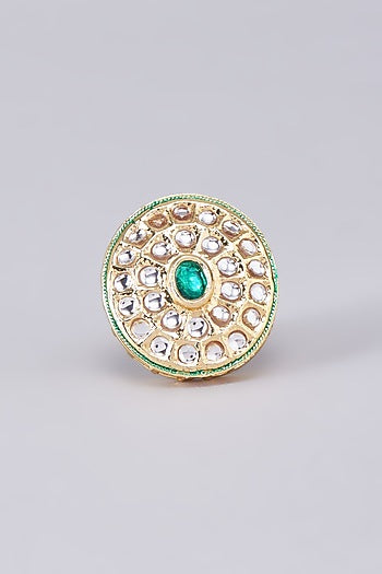 Gold Finish Kundan Polki Meenakari Ring