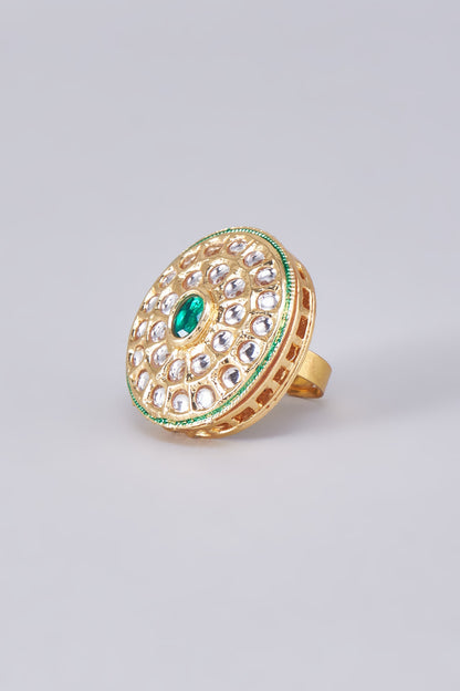 Gold Finish Kundan Polki Meenakari Ring