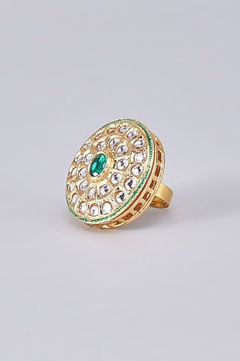 Gold Finish Kundan Polki Meenakari Ring