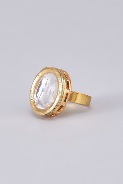 Gold Finish Kundan Polki Meenakari Ring