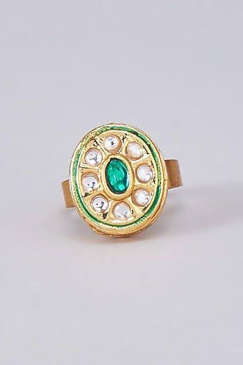 Gold Finish Kundan Polki Meenakari Ring
