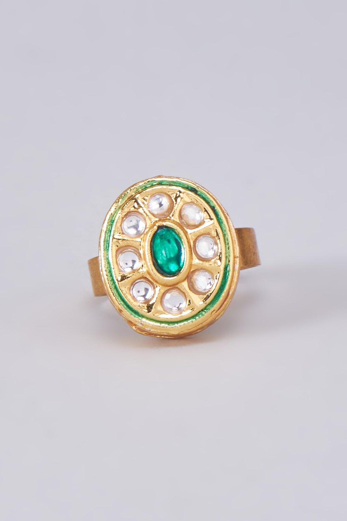 Gold Finish Kundan Polki Meenakari Ring