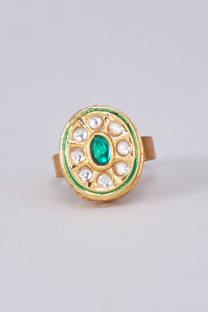 Gold Finish Kundan Polki Meenakari Ring