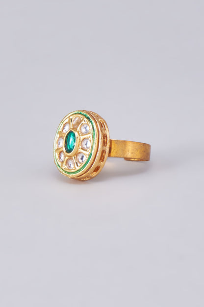 Gold Finish Kundan Polki Meenakari Ring