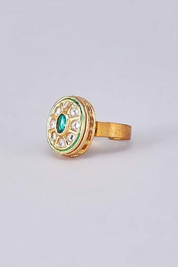 Gold Finish Kundan Polki Meenakari Ring