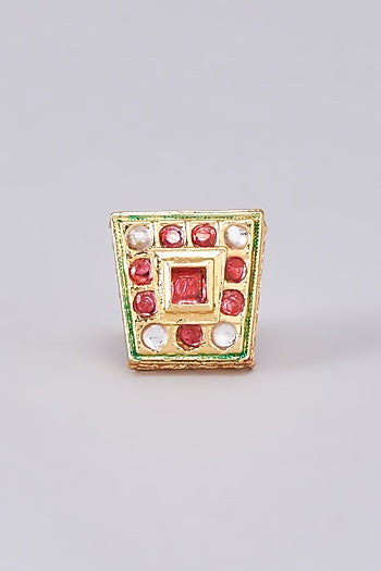 Gold Finish Kundan Polki Meenakari Ring