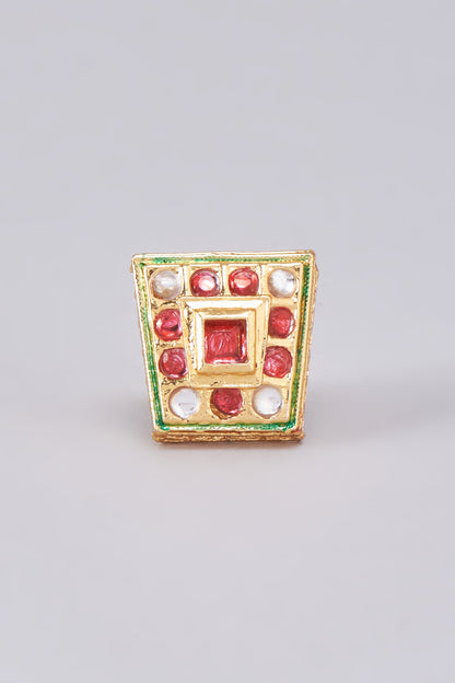 Gold Finish Kundan Polki Meenakari Ring