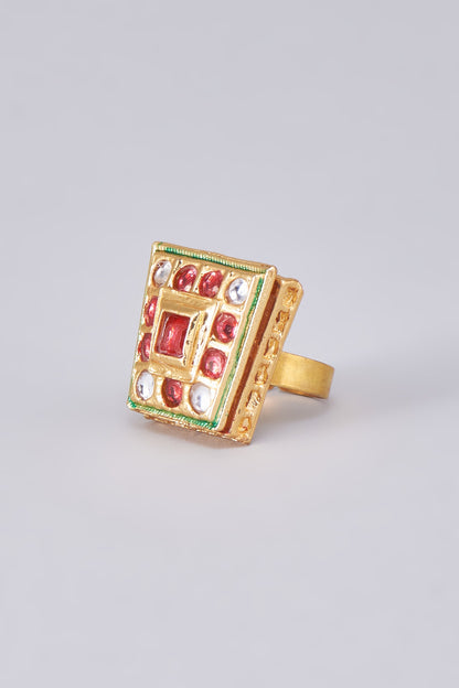 Gold Finish Kundan Polki Meenakari Ring