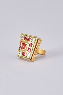 Gold Finish Kundan Polki Meenakari Ring