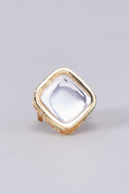 Gold Finish Kundan Polki Meenakari Ring