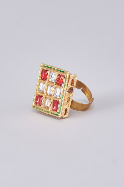 Gold Finish Kundan Polki Meenakari Ring