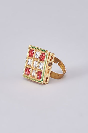 Gold Finish Kundan Polki Meenakari Ring