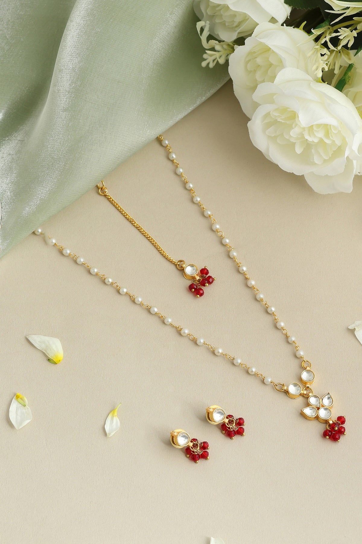 Gold Finish Maroon Kundan Necklace Set For Girls