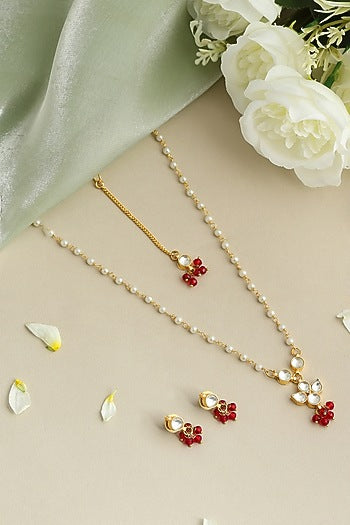 Gold Finish Maroon Kundan Necklace Set For Girls
