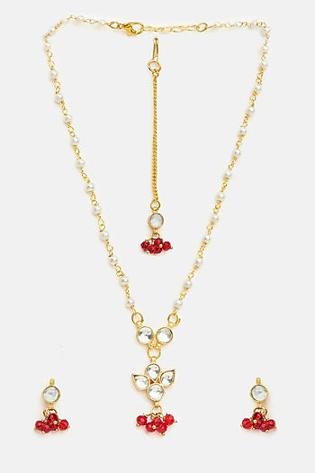 Gold Finish Maroon Kundan Necklace Set For Girls