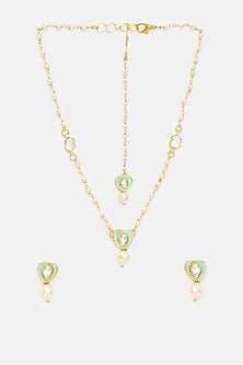 Gold Finish Green Kundan Necklace Set For Girls