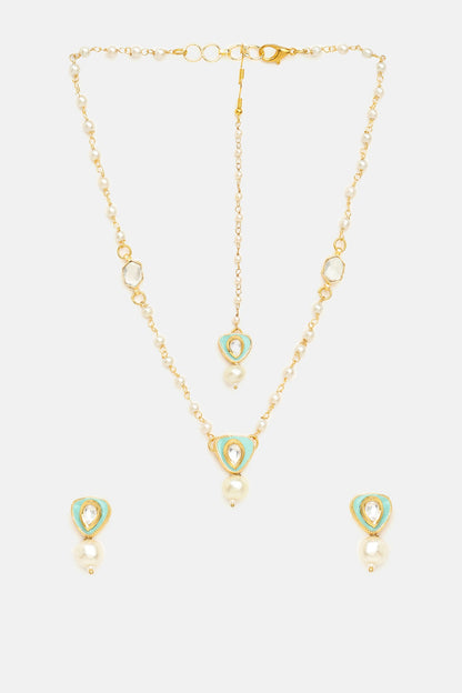 Gold Finish Green Kundan Necklace Set For Girls
