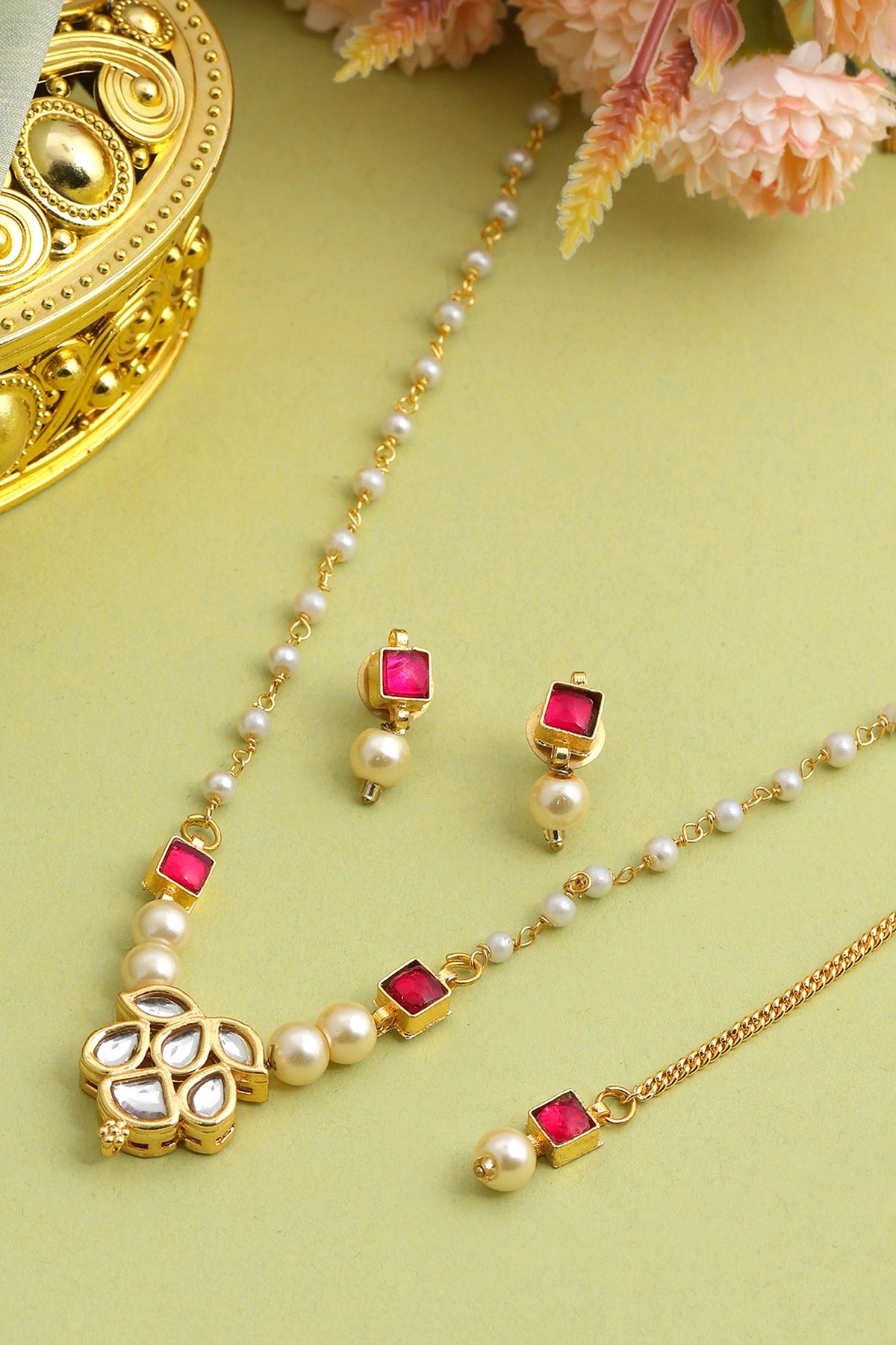 Gold Finish Green Kundan Necklace Set For Girls