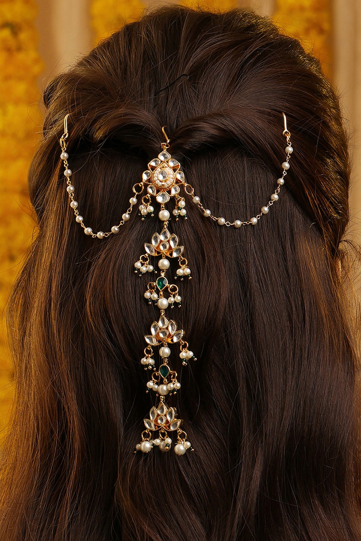 Gold Finish Glass Kundan Hair Pin For Girls